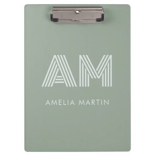 Minimalistischer Salbei-Matcha-Grün-Monogramm Klemmbrett