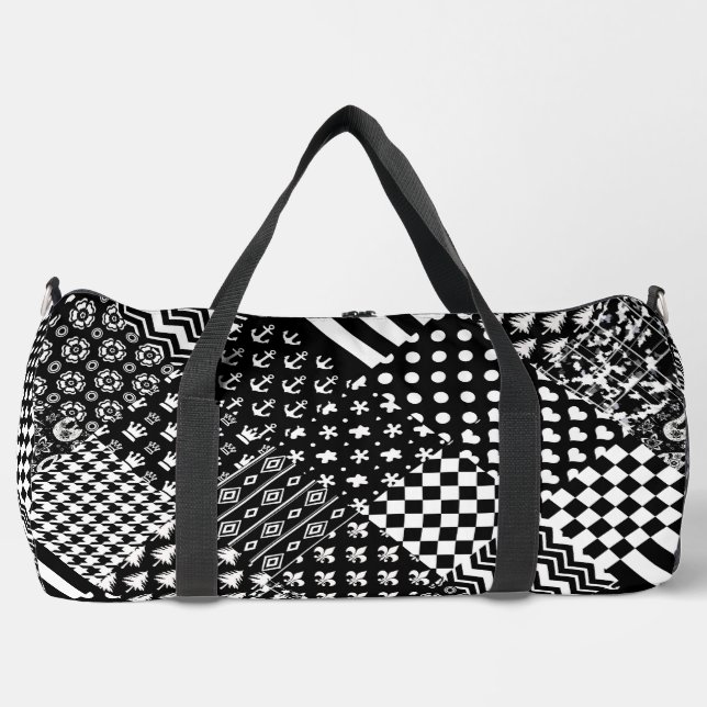 Minimalistischer Schwarz-weißer Mixed-Muster-Stil Duffle Bag (Vorderseite)