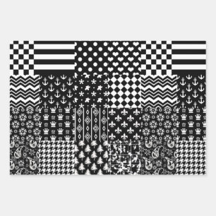 Minimalistischer Schwarz-weißer Mixed-Muster-Stil Geschenkpapier Set
