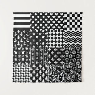 Minimalistischer Schwarz-weißer Mixed-Muster-Stil Wandteppich