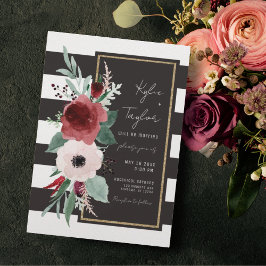 Minimalistischer Schwarz-weißer Streifen Floral Ma Einladung