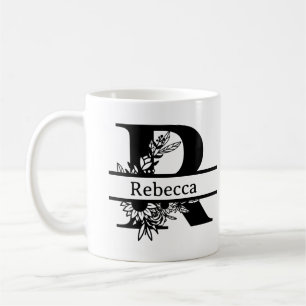 Minimalistischer schwarzer floraler Anfangsbuchsta Kaffeetasse