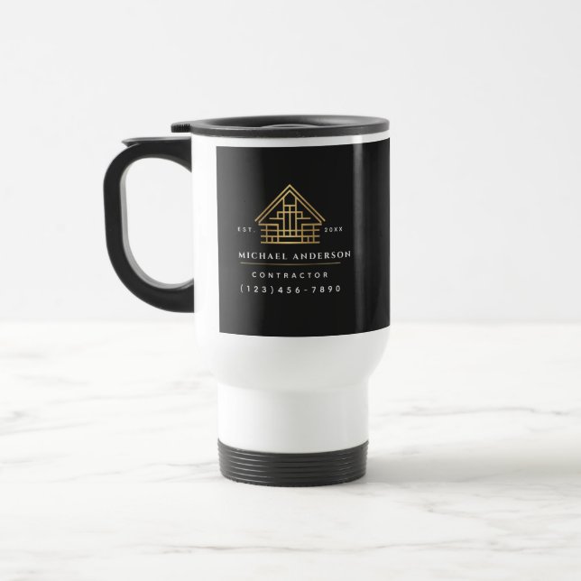 Minimalistischer schwarzer Hausbau Reisebecher (Links)