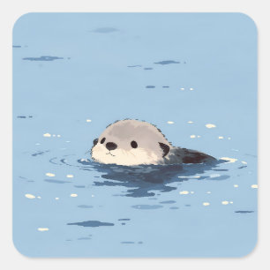 Minimalistischer schwimmender Otter in blauem Wass Quadratischer Aufkleber