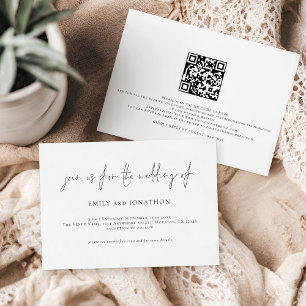 Minimalistischer Script QR Code Schwarz-weiß Hochz Einladung