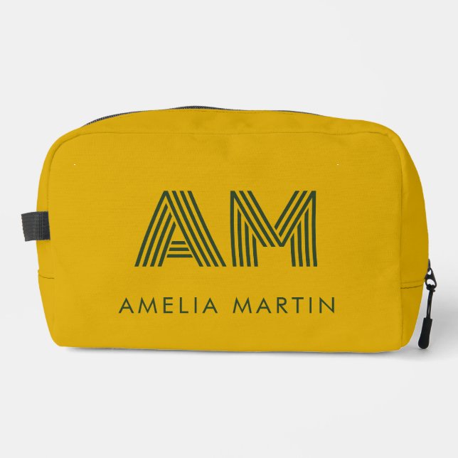 Minimalistischer Senf & Waldgrün Custom Monogramm Waschbeutel (Vorderseite)