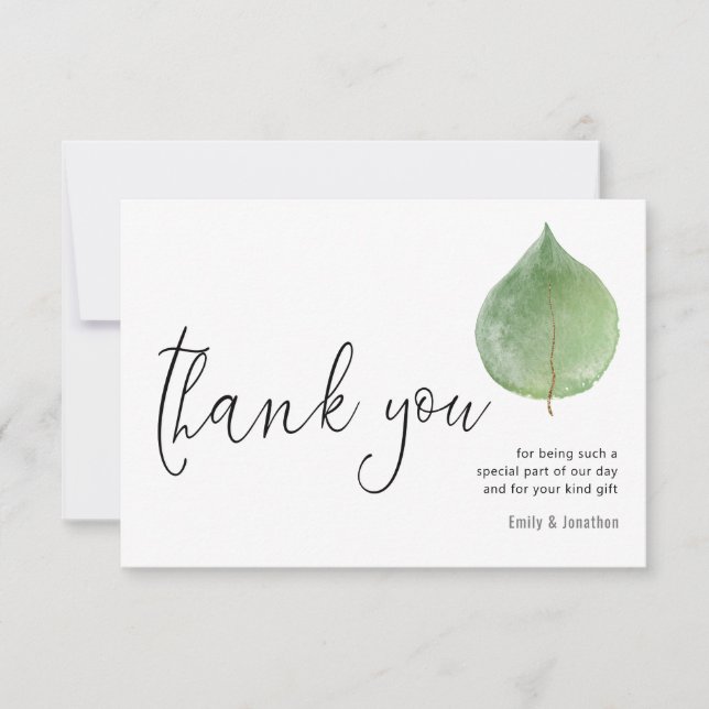 Minimalistischer Single Eucalyptus Leaf Script Fot Dankeskarte (Vorderseite)