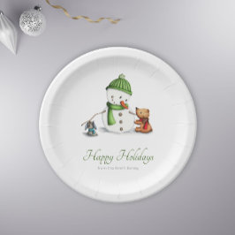 Minimalistischer Snowman Bär und Hundeweihnachtsfa Pappteller