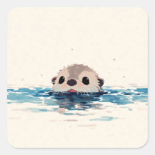 Minimalistischer spähender Otter im blauen Wasser Quadratischer Aufkleber