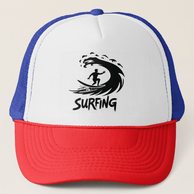 Minimalistischer Surfer-Silhouette-Wellenhut Truckerkappe (Vorderseite)