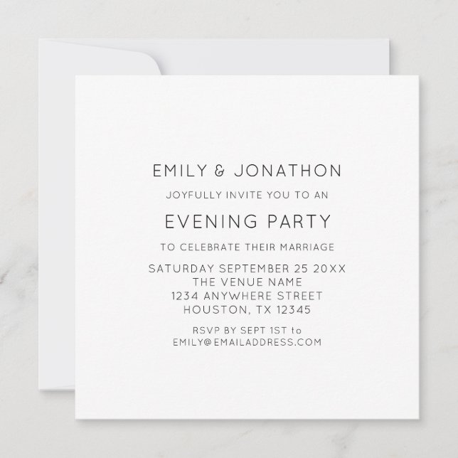 Minimalistischer Text nur Hochzeit Abend Party lad Einladung (Vorderseite)