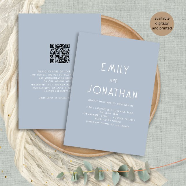 Minimalistischer Text QR Code Dusty Blue Wedding Einladung (Front and back view)