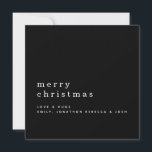 Minimalistischer Textname Frohe Weihnachtsschwarz Karte<br><div class="desc">Minimalistischer Textname Frohe Weihnachtswein auf Schwarz. Elegante Eleganz,  minimaler Stil,  mit Ihrem Gruß größer in stilvollen Kleinbuchstaben mit Ihren Namen unten mit viel schlichten Bereich. Personalisieren Sie den Text einfach auf Ihre eigenen Daten. Vollständig anpassbar.</div>
