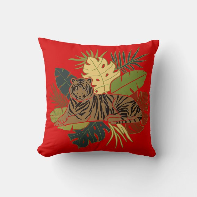 Minimalistischer Tiger auf Dschungel Blätter Rot Kissen (Vorderseite)
