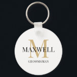 Minimalistischer Trauzeuge Schwarz Gold Monogramm Schlüsselanhänger<br><div class="desc">Moderner Gold- und Schwarz-Mit Monogramm Schlüsselanhänger für Trauzeugen - Erstellen Sie Ihr eigenes Trauzeuge-Geschenk, indem Sie den Namen und das Monogramm des Empfängers hinzufügen. Ein einzigartiges und nachdenkliches Geschenk für Hochzeitsfeier-Mitglieder. Sie können die Vorlage des Trauzeugen in Trauzeuge, Bräutigam usw. ändern. Woll einen anderen Schriftart oder eine andere Farbe für...</div>