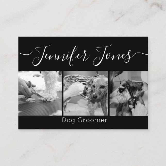Minimalistischer Trendy Black and White Dog Groomi Visitenkarte (Vorderseite)