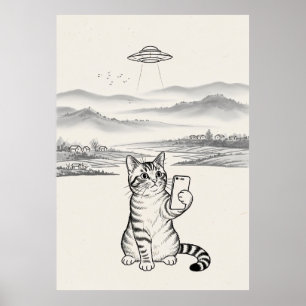 Minimalistischer UFO-Katzen Schwarz-Weiß-Katze Poster