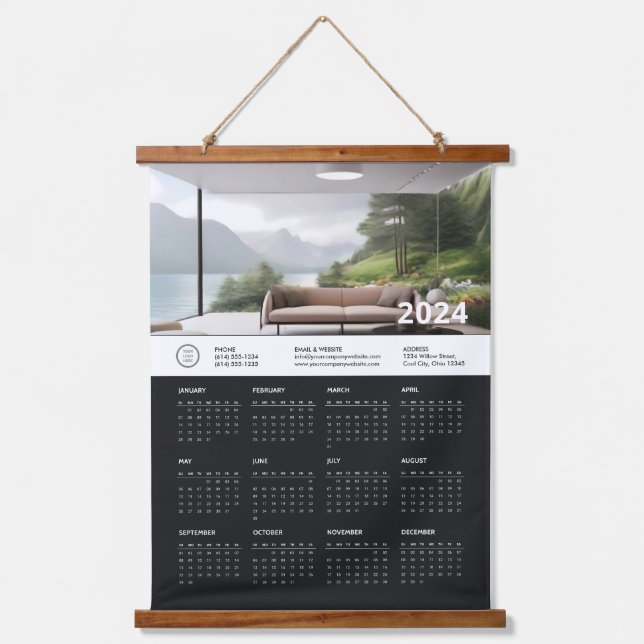 Minimalistischer Unternehmenskalender 2024 Wandteppich Mit Holzrahmen (Vorderseite)