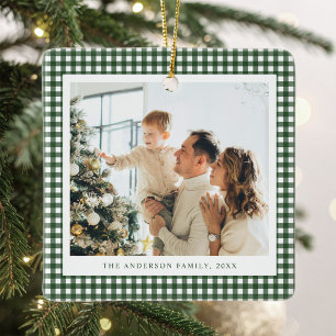 Minimalistischer Waldgrüner Gingham-Foto Keramikornament
