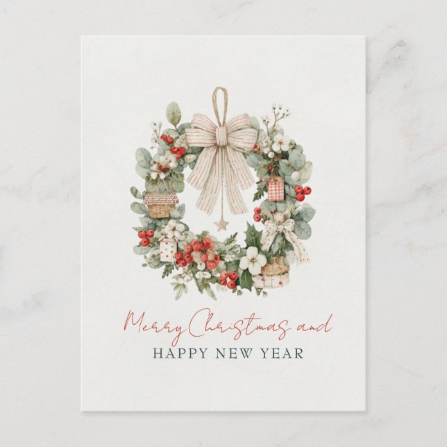 Minimalistischer Wasserfarben-Weihnachtskranz Postkarte (Vorderseite)