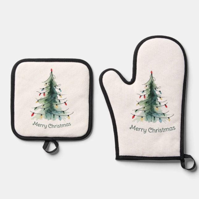 Minimalistischer Weihnachtsbaum Ofenhandschuh & Topflappen-Set (Vorderseite)