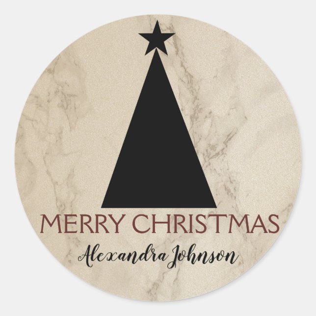 Minimalistischer Weihnachtsbaum Schwarz-Weiß-Marmo Runder Aufkleber (Vorderseite)