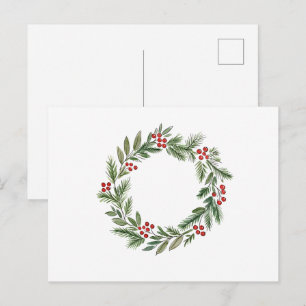 Minimalistischer Weihnachtskranz mit roten Beeren Postkarte