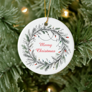 Minimalistischer Weihnachtskranz und Lichter Keramik Ornament