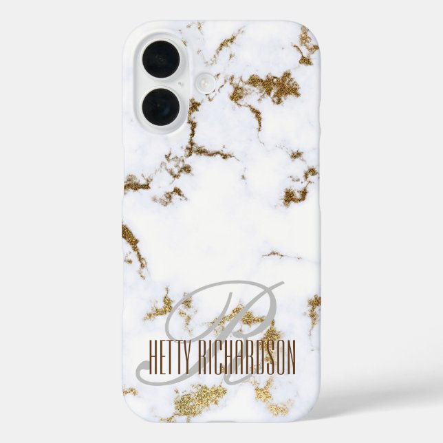 Minimalistischer weißer Glitzer-Marmor iPhone 16 Hülle (Rückseite)