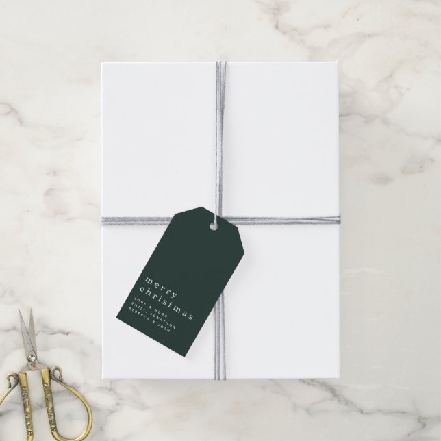 Minimalistischer weißer Text Frohe Weihnachtsgrün Geschenkanhänger (Mit Garn)