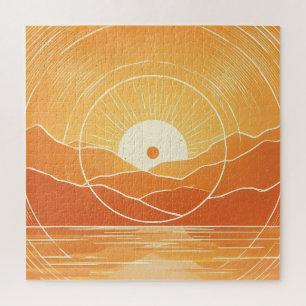 Minimalistischer Zen-Berg-Ozean-Retro-Sonnenunterg