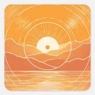 Minimalistischer Zen-Berg-Ozean-Retro-Sonnenunterg Quadratischer Aufkleber
