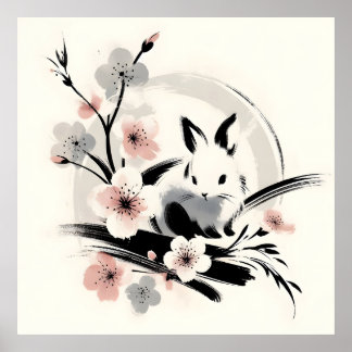 Minimalistischer Zen-Tinten-Hase Kirschblüten Poster