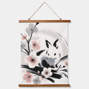 Minimalistischer Zen-Tinten-Hase Kirschblüten Wandteppich Mit Holzrahmen