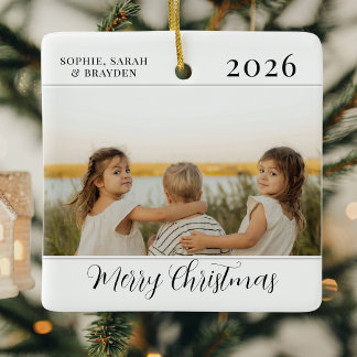 Minimalistisches 2-Foto-Frohe-Weihnachten-von-Kind Keramikornament