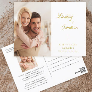 Minimalistisches 2-Foto-Gold-Script Save the Date Postkarte