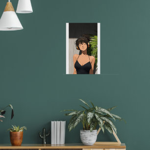 Minimalistisches Anime-Mädchen, das sich mit Kopfh Poster