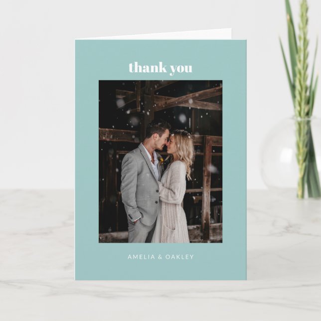 Minimalistisches Aqua Blue Wedding Foto eingeklapp Dankeskarte (Vorderseite)