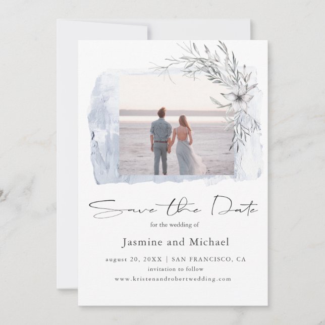 Minimalistisches Aquarellblau-Foto Save the Date (Vorderseite)