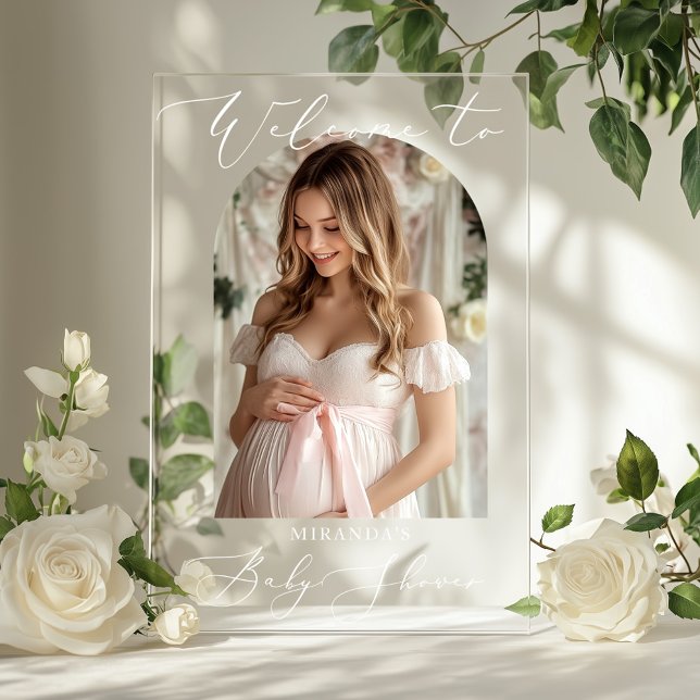 Minimalistisches Arch Baby Dusche Foto Willkommen Acrylschild (Von Creator hochgeladen)