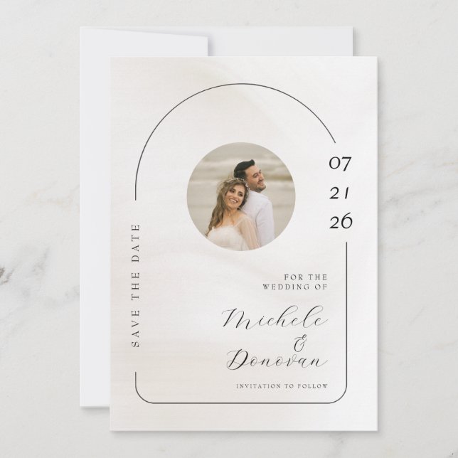 Minimalistisches Arch & Script-Hochzeitsszenario-F Save The Date (Vorderseite)