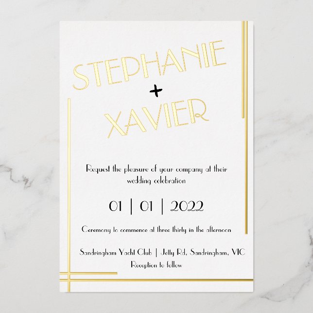 Minimalistisches Art Deco Foil Wedding Einladung 1 (Vorderseite)