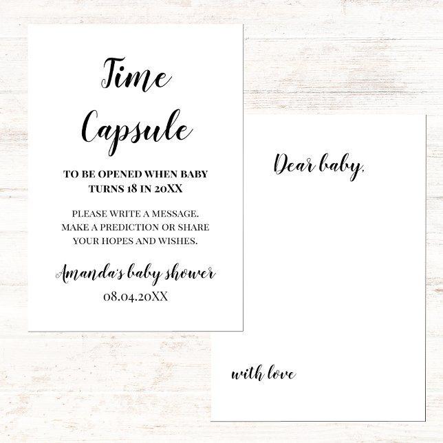 Minimalistisches Baby Duschzeit Kapselunterschrift Karte (baby shower game time capsule, minimalist black and white gender neutral)