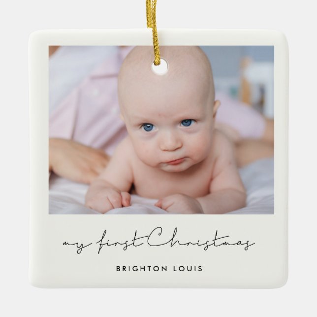 Minimalistisches Baby ist mein erstes WeihnachtsFo Keramikornament (Vorderseite)