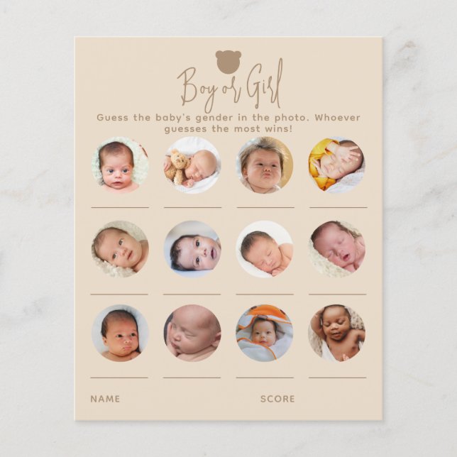Minimalistisches Baby Shower Boy oder Girl Game (Vorderseite)