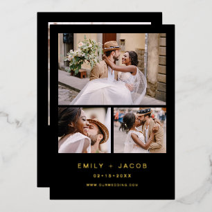 Minimalistisches Black Gold Hochzeit Vier Foto Folieneinladung
