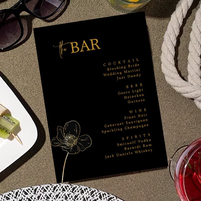Minimalistisches Black & Gold Wedding Drinks Bar M Menükarte (Minimalist Black & Gold Wedding Drinks Bar Menu)