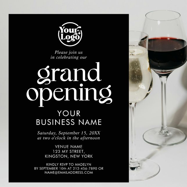 Minimalistisches Black Grand Opening-Business-Logo Einladung (Von Creator hochgeladen)