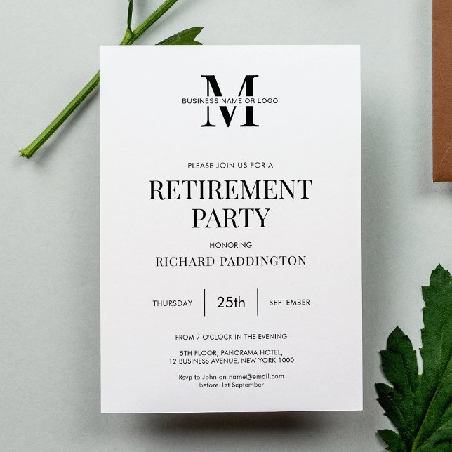 Minimalistisches Black & White Retirement Party Einladung (Minimalist simple black and white business retirement party invitation design)