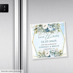 Minimalistisches blaues Blumengold Save the Date Magnet